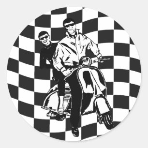Retro stil check scooter boy and girl runt klistermärke