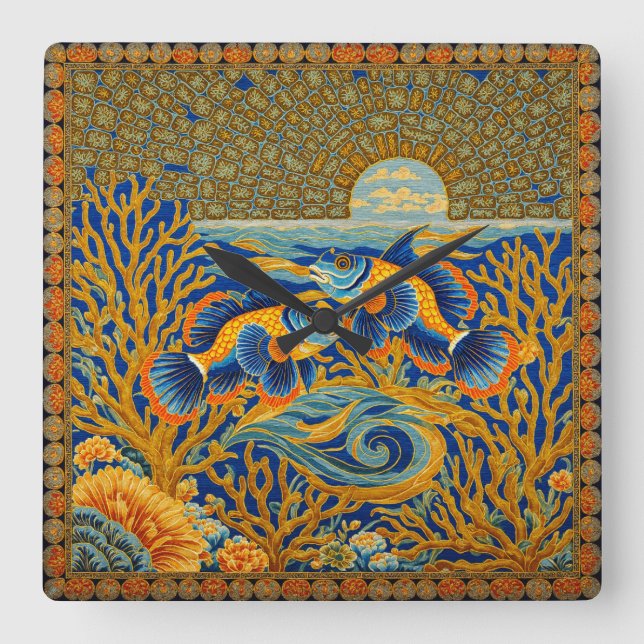 Retro Stil Gobeläng Orange Mandarinfisk Fyrkantig Klocka (Framsida)