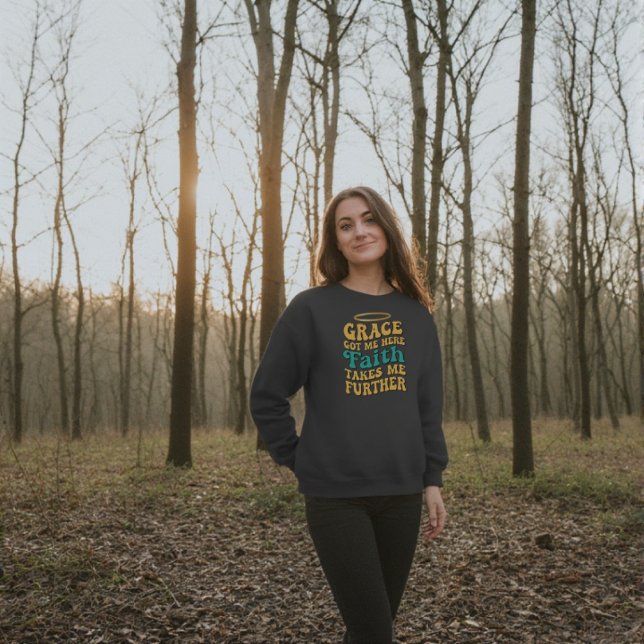 Retro stil Grace- och Faith-design T Shirt (Grace got me here black sweatshirt faith design)
