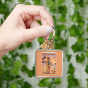 Retro Stil Hawaiiansk Kvinna Pin Up Fyrkantig Silverfärgad Nyckelring