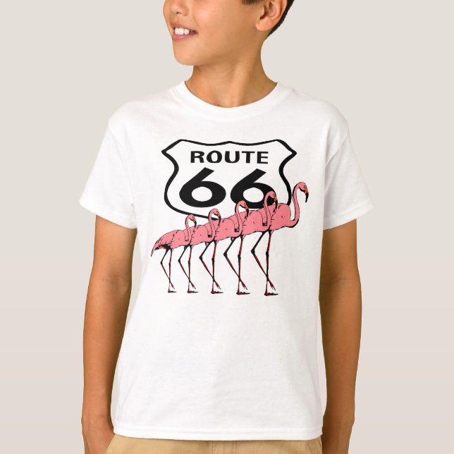 Retro Stil Iconic Route 66 Road Resa & Flamingos T-shirt (Framsida)