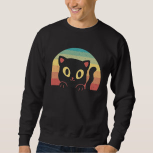Retro Stil Katt Vintage Svart Katt Gula Ögon Katt Lång Ärmad Tröja