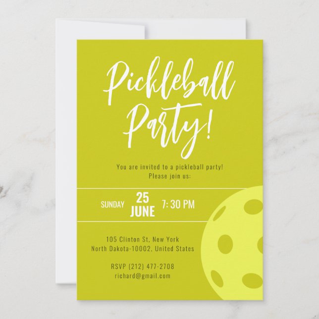 Retro Stil Neon Gult Thabel Pickleball Birthday Inbjudningar (Framsida)