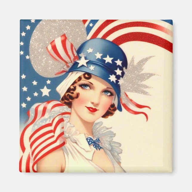 Retro Stil Patriotisk Flapper USA Magnet (Framsidan)