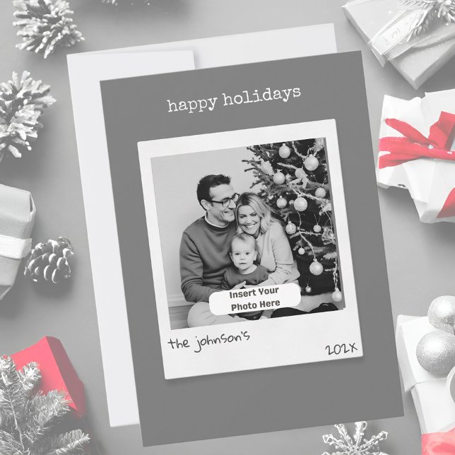 Retro Stil Photo Personlig Grått jul Julkort (Modern retro photo style personalized dark gray flat christmas card)