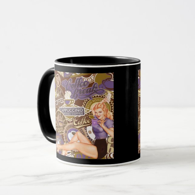 Retro Stil Pinup Flicka Kaffe Rast Kollaژ Mugg (Framsida vänster)