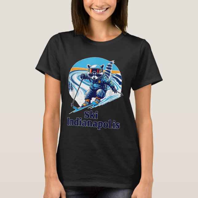 Retro Stil Raccoon Skiing in Indianapolis Indiana T Shirt (Framsida)