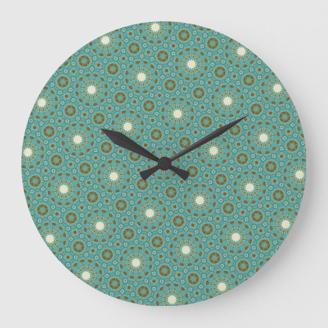 Retro Stil Teal Brown Mönster Wall Clock Stor Klocka (Framsida)