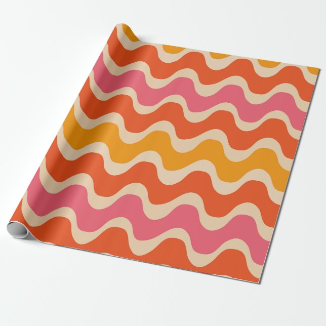 Retro stil vågmönster i rosa, orange och röd presentpapper (Utrullad)