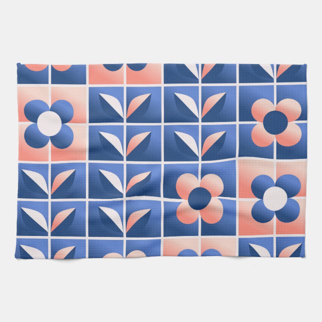Retro stiliserade blommor: mosaic mönster. kökshandduk (Horisontell)