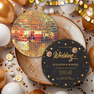Retro Stjärnor Svart Guld Glitter Disco Boll Bröll Inbjudningar