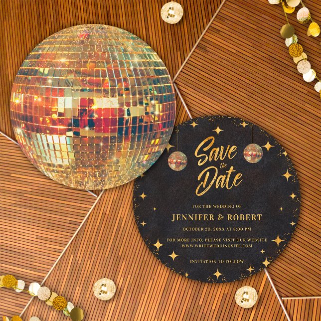 Retro Stjärnor Svart Guld Glitter Diskokula Bröllo Spara Datumet (Skapare uppladdad)