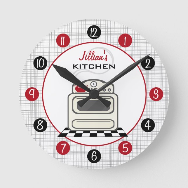Retro Stove Red & Black Kitchen Clock Rund Klocka (Framsida)