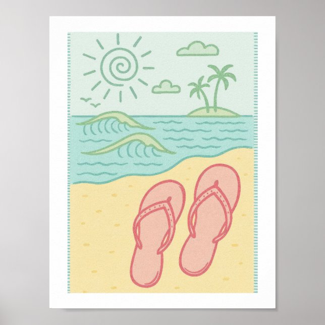 Retro strand flip flops tropiskt hav kust sol poster (Framsidan)