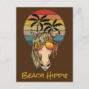 Retro strand hippiehäst, solnedgång och palmer vykort