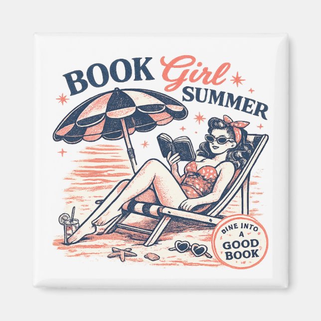 Retro strand läsbok tjej sommar magnet (Framsidan)