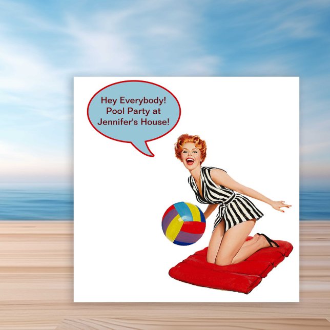 Retro strandboll poolparty inbjudningar (Fun vintage retro pool party invitation. Simply add your event details to the front and back.)