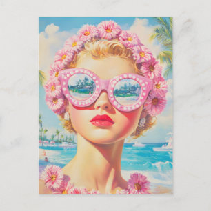Retro strandflicka med blommiga solglasögon vykort