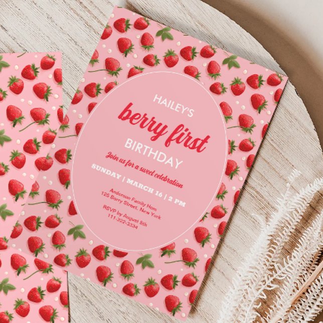 Retro Strawberry Berry Första födelsedagsinbjudan Inbjudningar (Skapare uppladdad)