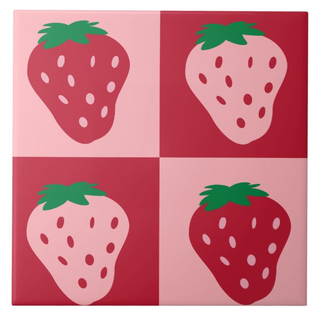 Retro Strawberry Checkerboard Mönster Kakelplatta (Framsidan)