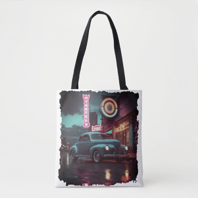 Retro Street Scene Art 1940s Classic Car  Tygkasse (Framsida)