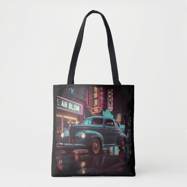Retro Street Scene Art 1940s Classic Car  Tygkasse (Framsida)