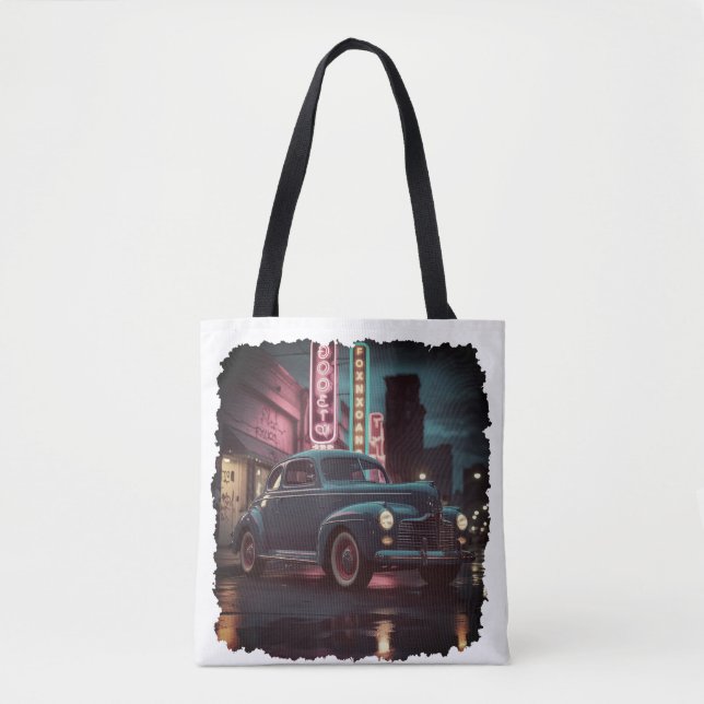 Retro Street Scene Art 1940s Classic Car  Tygkasse (Framsida)