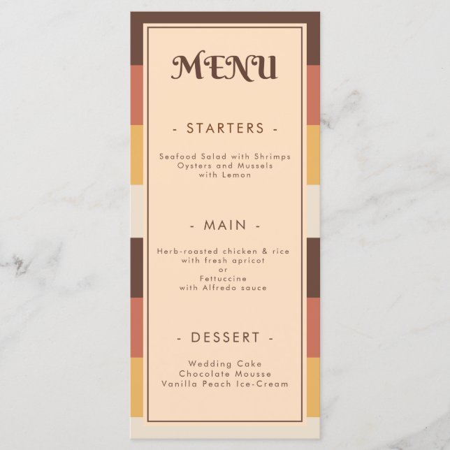 Retro Stripe 70-tal Groovy Bröllop Meny (Framsida)