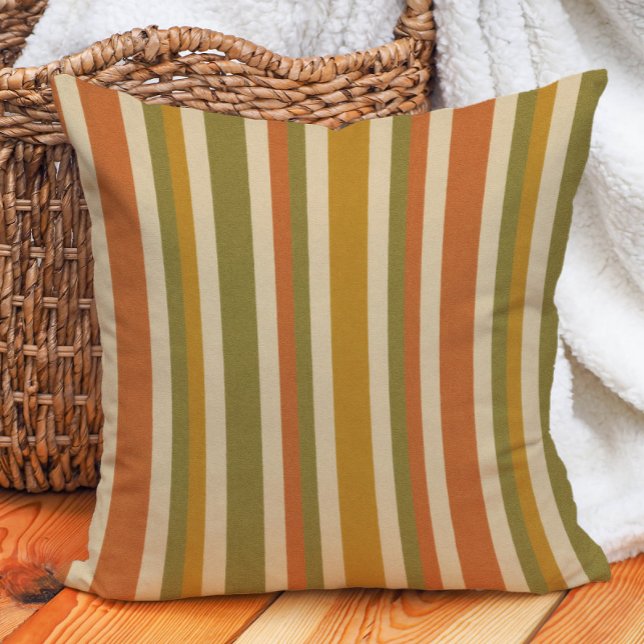 Retro Stripe Orange Guld Olive Rust Earth Tone Kudde (Retro boho striped earth tone pillow)