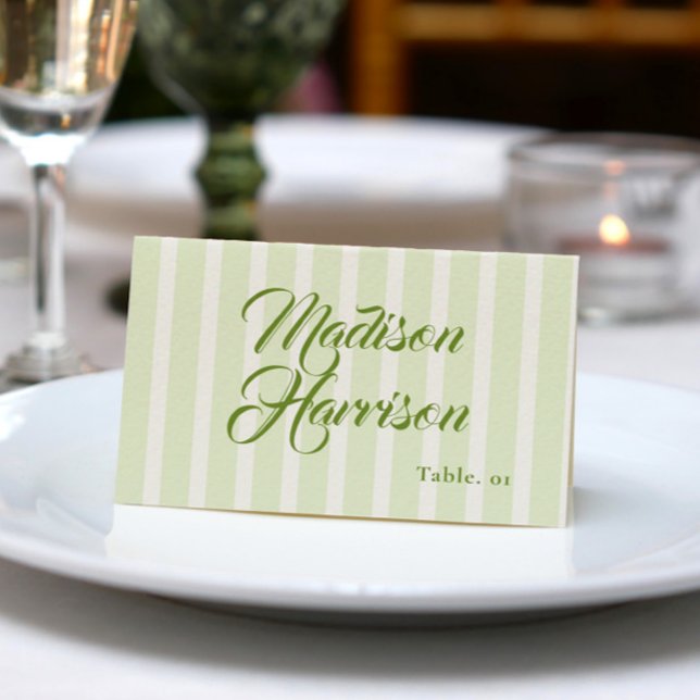 Retro Striped Green Wedding Name Place Card DIY Inbjudningar (Skapare uppladdad)