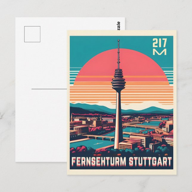 Retro Stuttgart TV-torn Fernsehturm tyskt present Vykort (Fram/baksida)