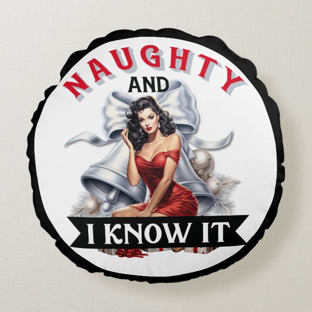 Retro Stygg och jag vet det Jul Pinup Rund Kudde (Framsidan)