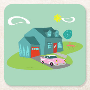Retro Suburban House Acrylic Hard Papper Underläg Underlägg Papper Kvadrat