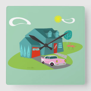 Retro Suburban House Acrylic Wall Clock Fyrkantig Klocka