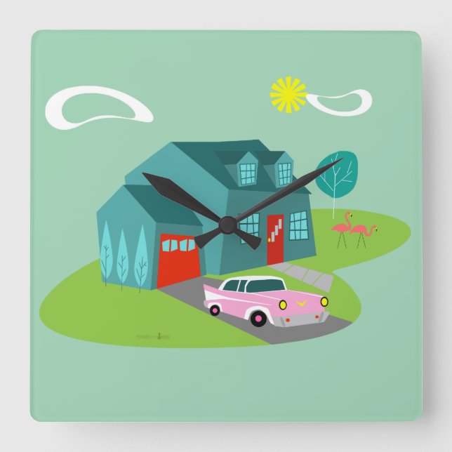 Retro Suburban House Acrylic Wall Clock Fyrkantig Klocka (Framsida)