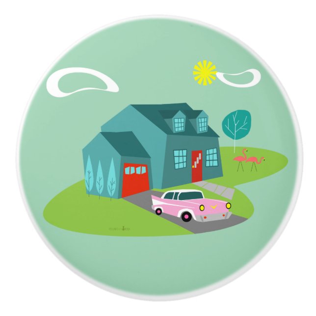 Retro Suburban House Ceramic pull Knopp (Framsidan)