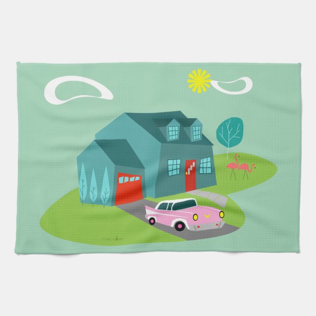 Retro Suburban House Kitchen Towel Kökshandduk (Horisontell)