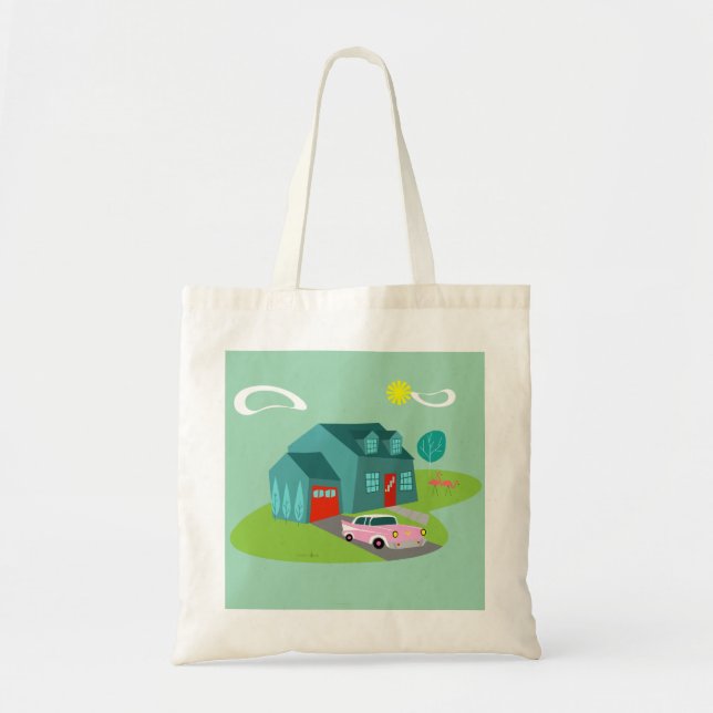 Retro Suburban House Tote Bag Tygkasse (Framsidan)