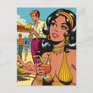 Retro Summer Beach Girl Tecknads Vykort