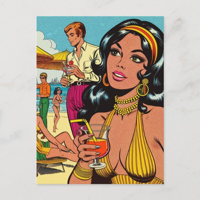 Retro Summer Beach Girl Tecknads Vykort (Framsida)