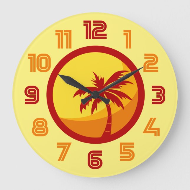 Retro Summer Beach Handflatan Träd Heatwave Clock Stor Klocka (Framsida)