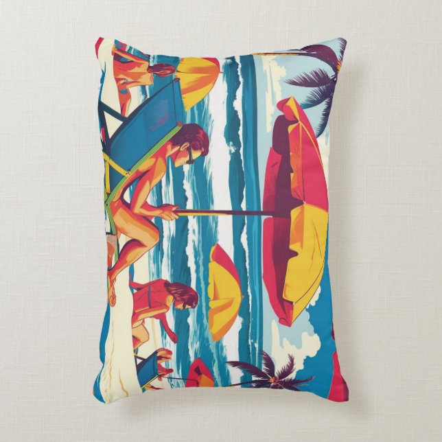Retro Summer Beach Scene Throw Pillow  Prydnadskudde (Framsidan(Vertikal))
