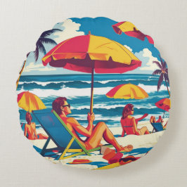 Retro Summer Beach Scene Throw Pillow Rund Kudde