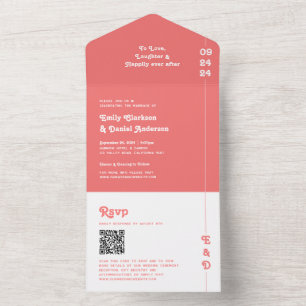 Retro Summer Coral Rosa Monogram QR Code Bröllop
