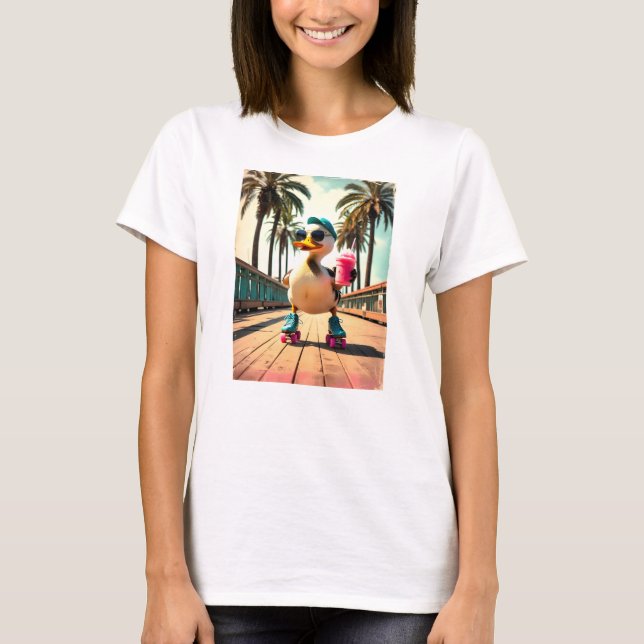 Retro Summer Funny Roller Duck  T Shirt (Framsida)