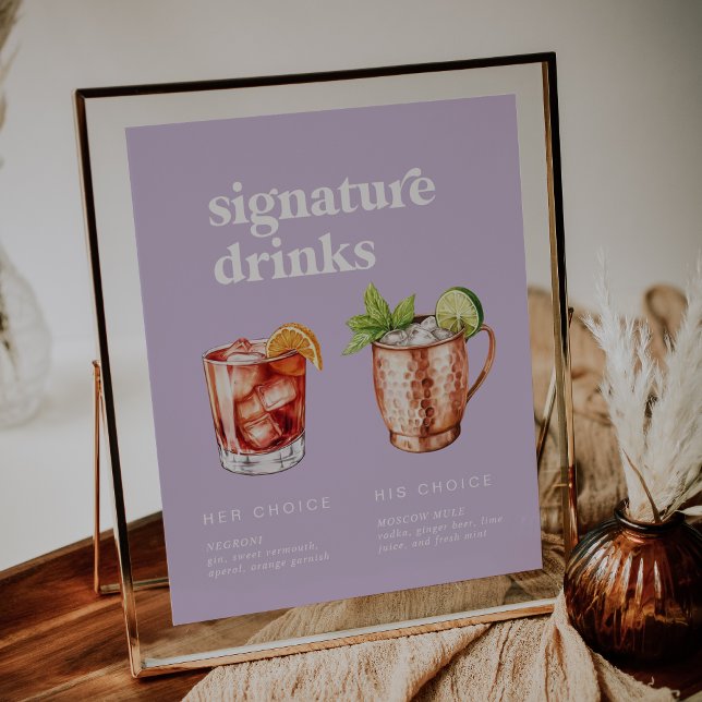 Retro Summer Lavender Namnteckning Drinks-skylt Poster (Retro Summer Lavender Signature Drinks Sign)