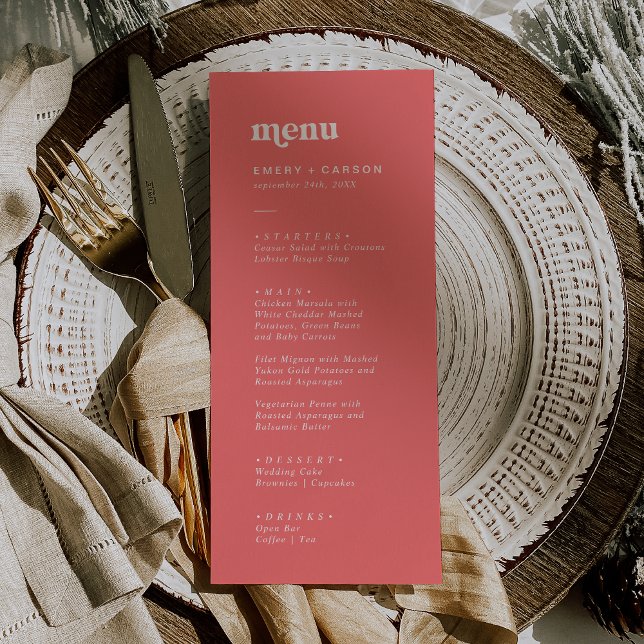 Retro Summer | Menyn Shock rosa Printable Bröllop Inbjudningar (Retro Summer | Hot Pink Printable Wedding Menu Invitation)