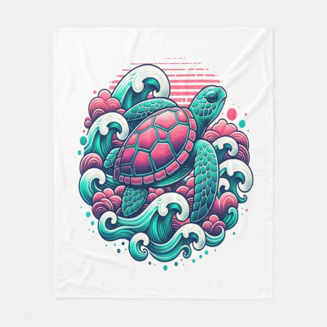 Retro Summer Ocean Wave Turtle Fleecefilt (Framsidan)