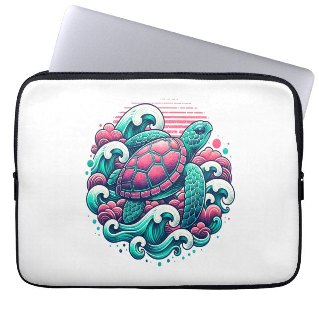 Retro Summer Ocean Wave Turtle Laptop Fodral (Framsidan)