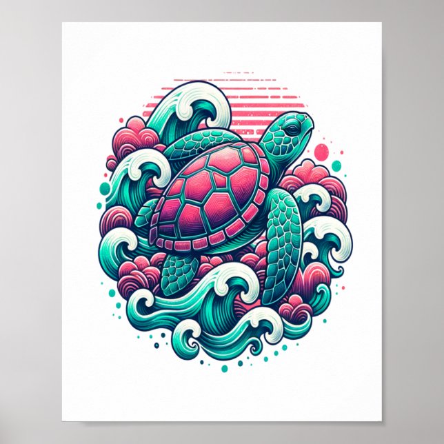 Retro Summer Ocean Wave Turtle Poster (Framsidan)